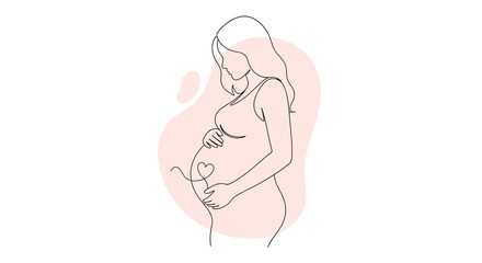 Minimalist one-line art illustration of a serene pregnant woman tenderly cradling her baby bump, with a heart design symbolizing maternal love.