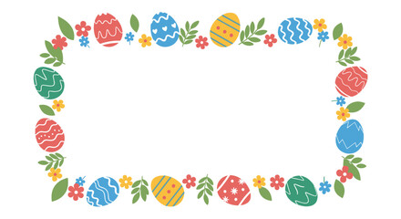 A cheerful, hand-drawn Easter frame border with colorful eggs, spring flowers, and green leaves, perfect for holiday designs.
