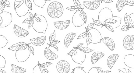 A beautifully detailed hand-drawn seamless pattern featuring outline lemons and lemon slices with leaves, presented in a clean black and white sketch style.