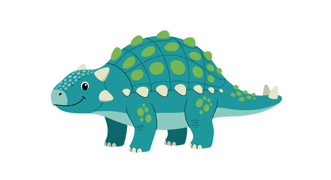 Cartoon ankylosaurus with blue scales, green spots, and white spines is walking on a white background.