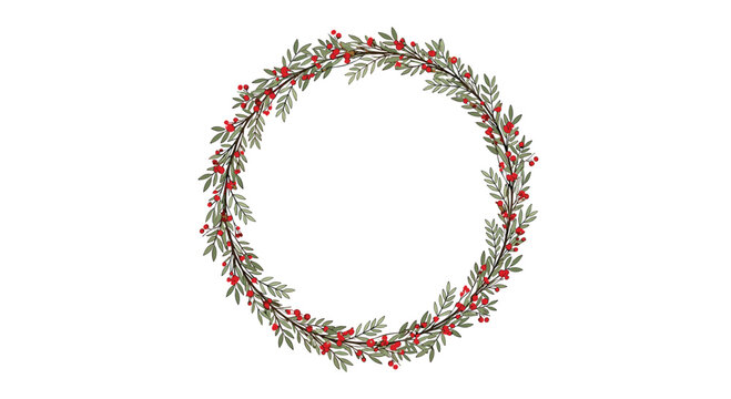 A beautiful hand-drawn style Christmas wreath featuring lush green leaves and vibrant red berries, forming a perfect circle on a clean white background.