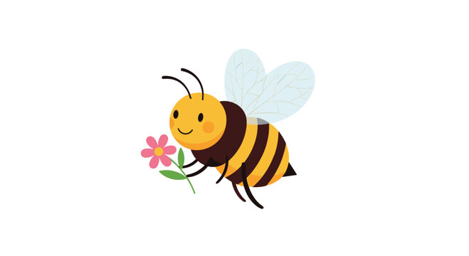 Cute cartoon bee flying with a small pink flower in its legs.