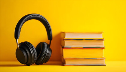 Black headphones rest beside stack of yellow books on bright background. Concept for audiobooks learning and entertainment. Modern device meets classic reading materials. Diverse media consumption