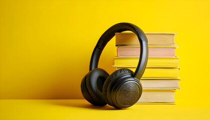 Black headphones rest beside stack of yellow books on bright background. Concept for audiobooks learning and entertainment. Modern device meets classic reading materials. Diverse media consumption