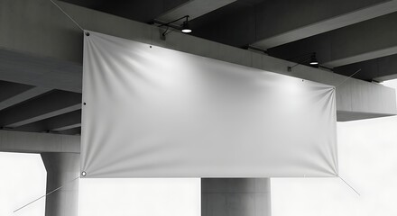 Blank outdoor advertising banner mockup displayed under concrete bridge structure lit by spotlights.