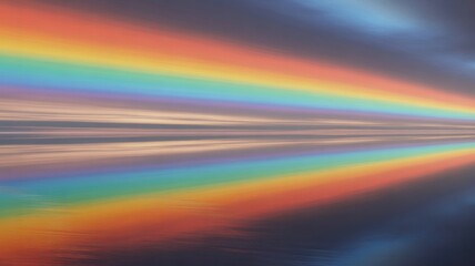Expansive rainbow spectrum reflected on water with subtle cloud patterns light reflection