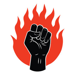 Black fist raised in front of a bright orange flame