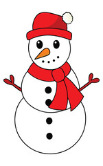 Cute cartoon snowman wearing a red hat and scarf