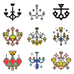 Collection of decorative chandelier icons in various styles and colors