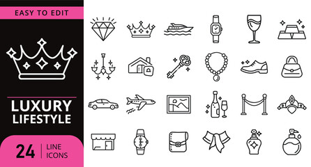 Collection of luxury lifestyle icons and symbols on a white background