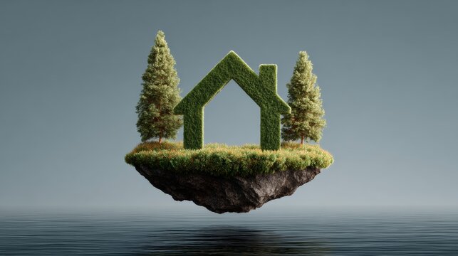 Green house shape made of grass and trees, floating above calm water surface, symbolizing eco-friendly living and sustainable architecture in a serene and tranquil environment