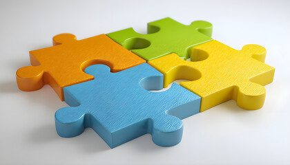Obraz premium Four colorful puzzle pieces interlock forming a cohesive unit. Represents connection, unity, and problem solving. Ideal for themes of teamwork or inclusion