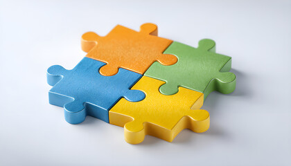 Obraz premium Four colorful puzzle pieces interlock forming a cohesive unit. Represents connection, unity, and problem solving. Ideal for themes of teamwork or inclusion