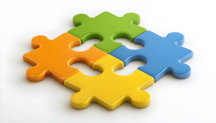 Fototapeta premium Four colorful puzzle pieces interlock forming a cohesive unit. Represents connection, unity, and problem solving. Ideal for themes of teamwork or inclusion