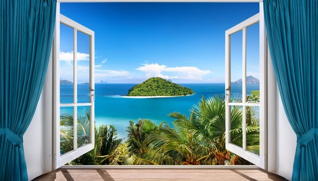 balcony doors open to the sea palm trees and an island - Powered by Adobe