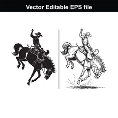 Fototapeta premium Silhouette and sketch of a cowboy riding a bucking horse