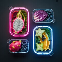 Four transparent containers filled with colorful fruits and vegetables illuminated by neon lights