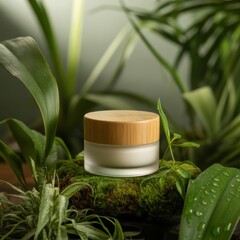 Frosted glass face cream jar with bamboo lid surrounded by lush green plants cosmetic skincare
