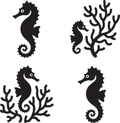 Four black seahorse and coral silhouette illustrations on white background black and white
