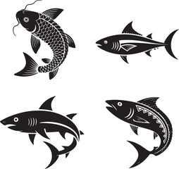 Fototapeta premium Four Black Silhouette Fish Including Koi Shark Tuna and Salmon black and white carp