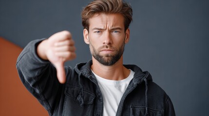Young man with stylish hair and beard, dressed in casual black jacket, is expressing disapproval with a thumbs down gesture against a colorful abstract background, showcasing strong emotions and perso