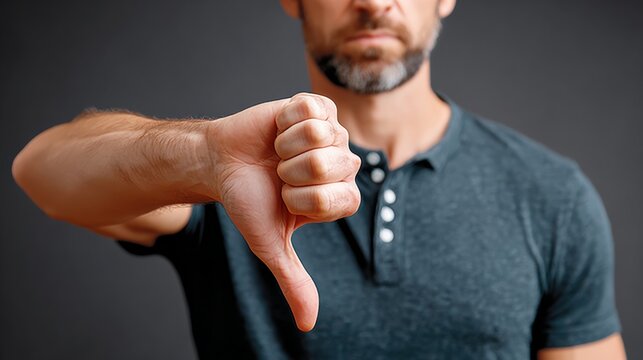 Male individual with beard expressing disapproval by showing thumbs down gesture, wearing casual gray shirt, against a dark background, conveying negative feedback and dissatisfaction in a modern cont
