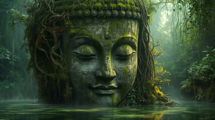 Ancient Buddha Statue in the Jungle.