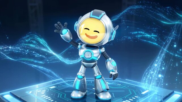 Cheerful robot with smiley face avatar waving hello on a digital platform with glowing energy waves futuristic.