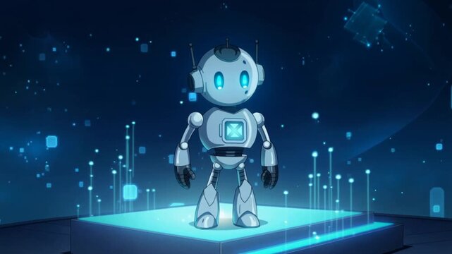 Cute cartoon robot standing on illuminated platform with futuristic digital background android artificial intelligence.