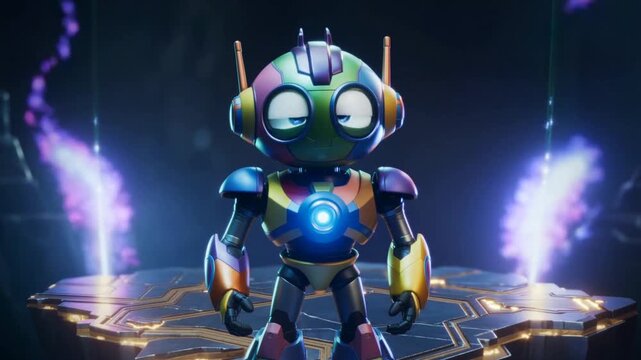 Colorful cartoon robot with big eyes standing on a futuristic platform with glowing purple energy character.