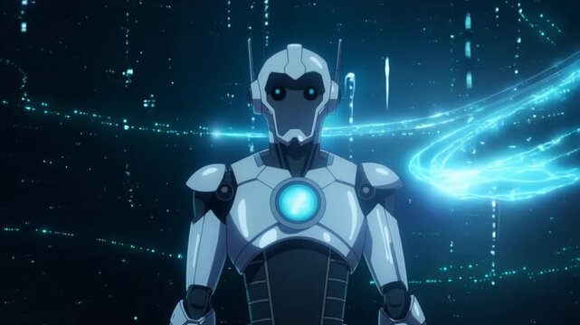 Futuristic anime robot with glowing blue eyes and circuits in the background android artificial intelligence.