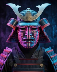 Futuristic Samurai Mask with Neon Pink Accents and Dark Background armor japan
