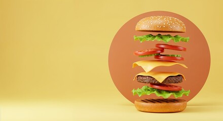 Levitating cheeseburger with fresh layers on yellow background with copy space