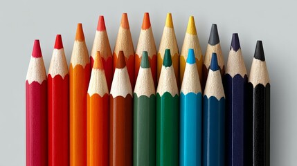 Colorful assortment of sharpened colored pencils arranged in a row on a light gray background, showcasing vibrant hues and textures, ideal for artistic creativity and design projects