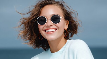 Young woman with curly hair wearing stylish sunglasses and a light sweater, smiling brightly against a blurred ocean background, capturing a joyful moment of carefree summer vibes and happiness