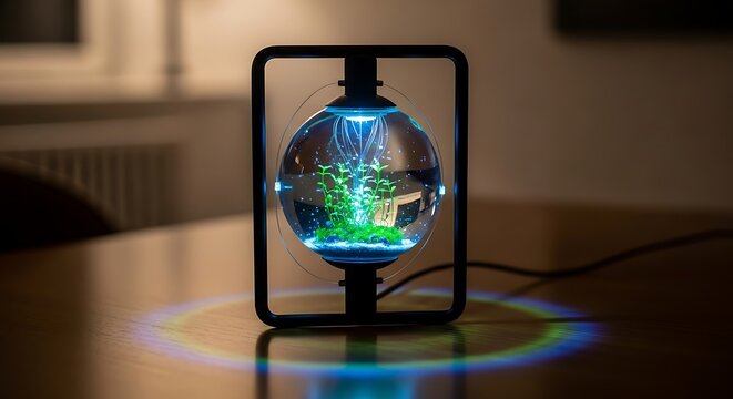 Title: Modern Spherical Aquarium with Blue Light
