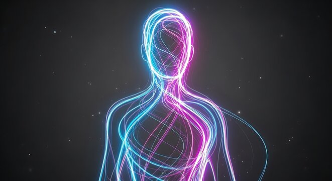 Abstract glowing human nervous system and circulatory system in neon blue and pink light against dark background