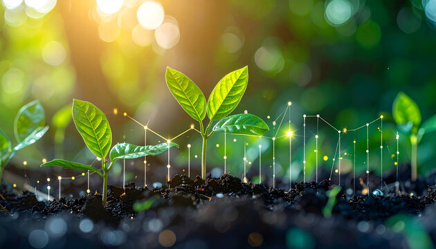 Nature's Growth: Young plants emerge from the earth, their tender green leaves reaching toward the sun. Overlayed with a digital growth chart.