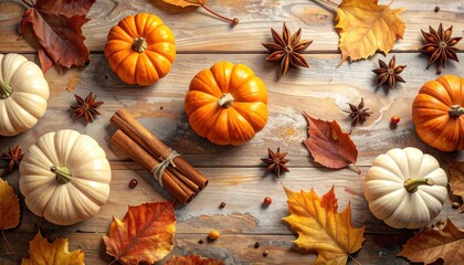 Flat lay of white and orange pumpkins with cinnamon sticks, star anise, and autumn leaves on rustic wood. Cozy autumn food, pumpkin spice, Thanksgiving or harvest background, top view.
