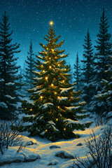 Illustration of a Christmas tree in the snow forest with glowing lights