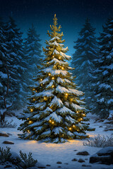 Illustration of a Christmas tree in the snow forest with glowing lights