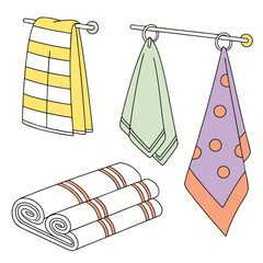towel set, hanging towels, folded towels, striped towel, polka dot towel, yellow towel, green towel, white towel, orange towel, beige towel, 