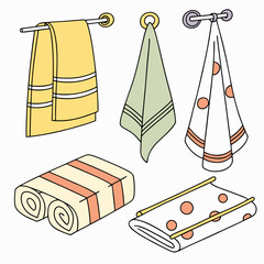 towel set, hanging towels, folded towels, striped towel, polka dot towel, yellow towel, green towel, white towel, orange towel, beige towel, 