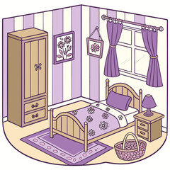 bedroom interior, cozy room, purple decor, beige furniture, floral blanket, purple pillow, single bed, 
