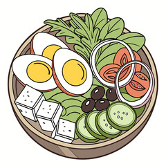 fresh salad, healthy food, vegetable bowl, salad ingredients, cherry tomatoes, hard-boiled eggs, 