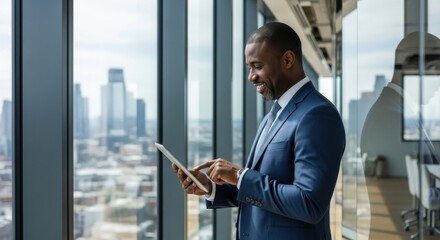 Successful smiling Black businessman using digital tablet in modern office. Confident African American male executive working by window with city view. Leadership and technology concept.