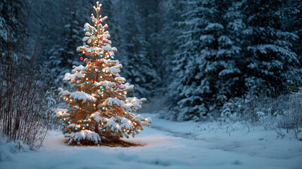 Christmas tree in the snow forest with glowing lights