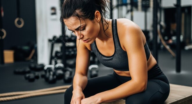 Exhausted athletic woman tired after intense fitness training session, resting in a gym. Sweaty female athlete taking a break. Burnout, determination and challenge concept. - Powered by Adobe