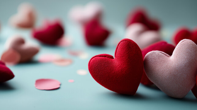 Pink and red hearts scattered on pastel background no faces or people visible valentine flatlay love decoration romantic theme heart shapes festive love valentine's day top