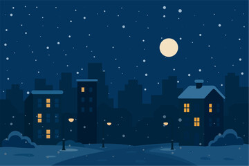 Quiet Snowy City Night with Moonlight and Winter Atmosphere